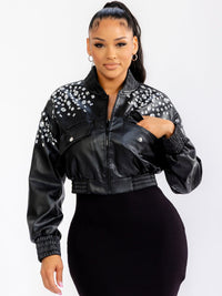 WOMEN'S LONG SLEEVE ZIP UP FRONT POCKETS STUDS PU PLEATHER JACKET