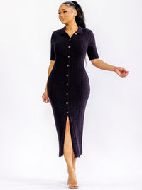 WOMEN'S SHORT SLEEVE BUTTON UP FRONT SLIT RIBBED BODYCON MAXI DRESS