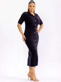 WOMEN'S SHORT SLEEVE BUTTON UP FRONT SLIT RIBBED BODYCON MAXI DRESS
