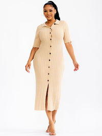 WOMEN'S SHORT SLEEVE BUTTON UP FRONT SLIT RIBBED BODYCON MAXI DRESS