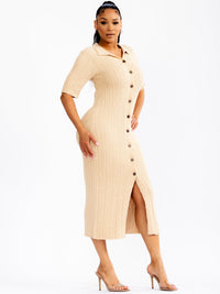 WOMEN'S SHORT SLEEVE BUTTON UP FRONT SLIT RIBBED BODYCON MAXI DRESS