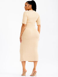 WOMEN'S SHORT SLEEVE BUTTON UP FRONT SLIT RIBBED BODYCON MAXI DRESS