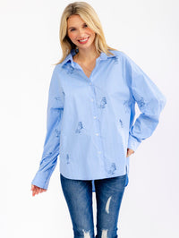 WOMEN'S LONG SLEEVE BUTTON UP STITCHED DETAILES STRIPES SHIRT