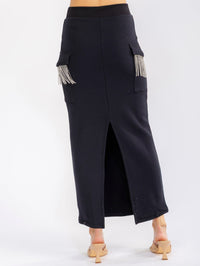 WOMEN'S ELASTIC WAIST CARGO POCKETS BACK SLIT RHINESTONES FRINGE DETAILED MAXI SKIRT