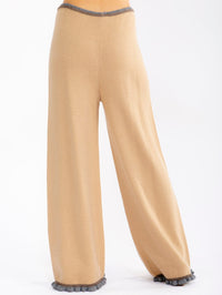 WOMEN'S ELASTIC WAIST SELF TIE WIDE LEG TRIM DETAILED PANTS