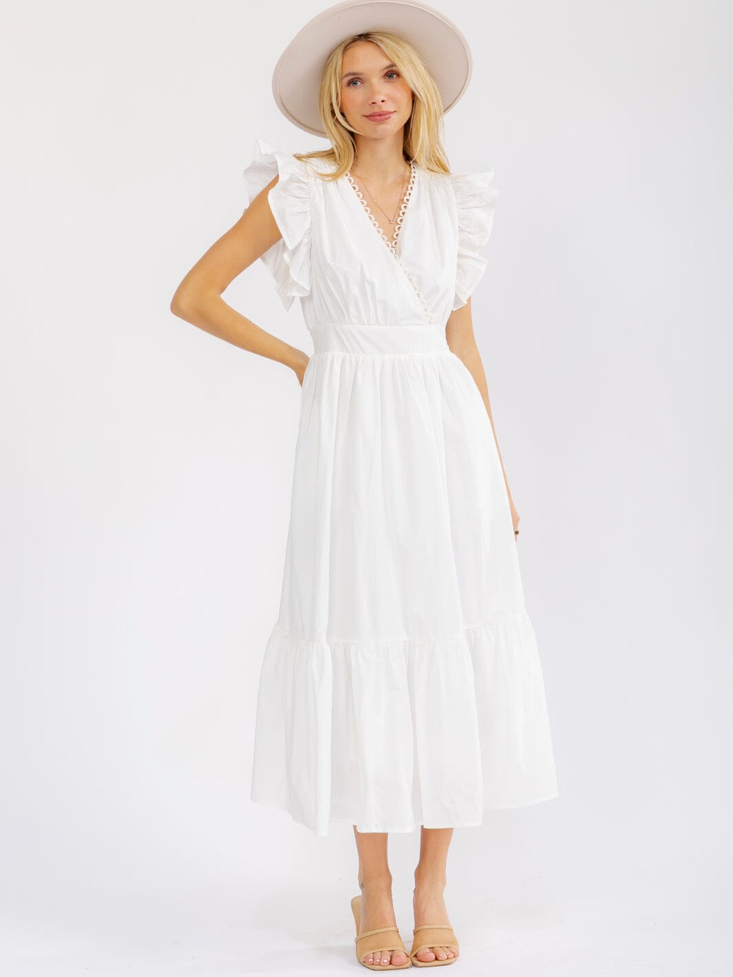 WOMEN'S RUFFLE SLEEVE SURPLICE SMOCK WAIST FRONT POCKETS TIERED MAXI DRESS