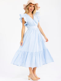 WOMEN'S RUFFLE SLEEVE SURPLICE SMOCK WAIST FRONT POCKETS TIERED MAXI DRESS