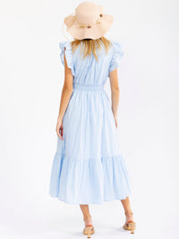 WOMEN'S RUFFLE SLEEVE SURPLICE SMOCK WAIST FRONT POCKETS TIERED MAXI DRESS