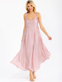 WOMEN'S SLEEVELESS RUFFLE DETAILED SELF TIE MAXI DRESS