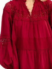 WOMEN'S LONG SLEEVE V-NECK TIERED LOOSE FIT CROCHET MINI DRESS