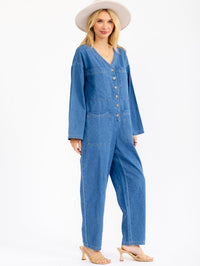WOMEN'S LONG SLEEVE BUTTON UP FRONT POCKETS STARIGHT LEG DENIM JUMPSUIT