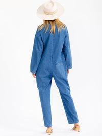 WOMEN'S LONG SLEEVE BUTTON UP FRONT POCKETS STARIGHT LEG DENIM JUMPSUIT