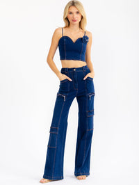 WOMEN'S SLEEVELESS CROP TOP & BUTTON CLOSURE PANTS STRETCH DENIM 2PC. SET