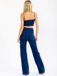 WOMEN'S SLEEVELESS CROP TOP & BUTTON CLOSURE PANTS STRETCH DENIM 2PC. SET