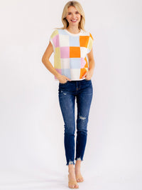 WOMEN'S SLEEVELESS COLORBLOCK CHEKERS PRINT SWEATER TOP