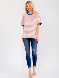WOMEN'S SHORT SLEEVE COLORBLOCK STRIPES BASIC SHIRT
