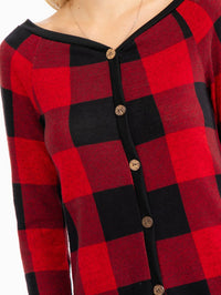 WOMEN'S LONG SLEEVE V-NECK BUTTON DETAILED PLAID TOP