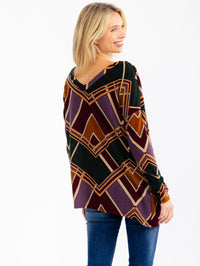 WOMEN'S LONG SLEEVE V-NECK MULTI PRINT TOP