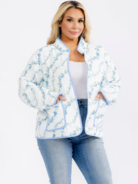 PLUS SIZE LONG SLEEVE BUTTON CLOSURE FRONT POCKETS FLORAL PRINT JACKET