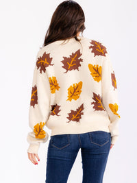 WOMEN'S LONG SLEEVE LEAF PRINT PULLOVER SWEATERS