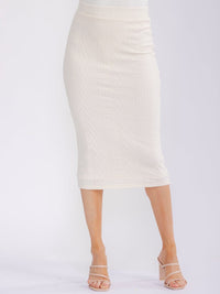WOMEN'S ELASTIC WAIST RIBBED PENCIL MIDI SKIRT