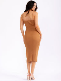 WOMEN'S SLEEVELESS SIDE SLIT BELT RIBBED BODYCON MIDI DRESS