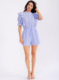 WOMEN'S SHORT PUFF SLEEVE BUTTON UP ELASTIC WAIST POCKETS RUFFLE LACE ROMPER