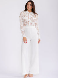 WOMEN'S LONG SLEEVE BUTTON UP LACE CONTRAST WIDE LEG JUMPSUIT