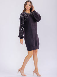 WOMEN'S LONG SLEEVE PEARL DETAILED SWEATER MINI DRESS