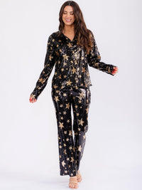 WOMEN'S LONG SLEEVE BUTTON UP TOP & ELASTIC WAIST BELL LEG PANTS STARS SEQUINS 2PC. SET