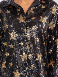 WOMEN'S LONG SLEEVE BUTTON UP TOP & ELASTIC WAIST BELL LEG PANTS STARS SEQUINS 2PC. SET