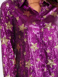 WOMEN'S LONG SLEEVE BUTTON UP TOP & ELASTIC WAIST BELL LEG PANTS STARS SEQUINS 2PC. SET