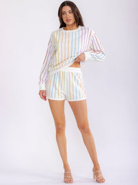 WOMEN'S LONG SLEEVE SWEATER & ELASTIC WAIST MINI SHORTS MULTI STUDS 2PC. SET