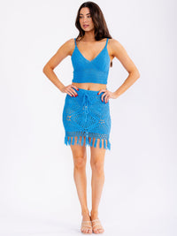 WOMEN'S SLEEVELESS CROP TOP & SELF TIE MINI SKIRT FRINGE CROCHET 2PC. SET