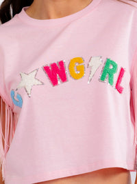 WOMEN'S SHORT FRINGE SLEEVE GRAPHIC SHIRT