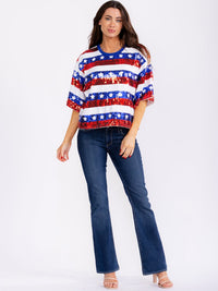 WOMEN'S SHORT SLEEVE AMERICAN FLAG SEQUINS SHIRT