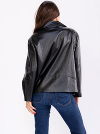 WOMEN'S LONG SLEEVE ZIP UP FRONT POCKETS PU PLEATHER JACKET