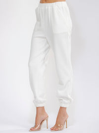 WOMEN'S ELASTIC WAIST FRONT POCKETS JOGGER LEG RIBBED PANTS
