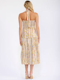 JUST ME WOMEN'S SLEEVELESS HALTER NECK SMOCK FLORAL EMBROIDERY MAXI DRESS