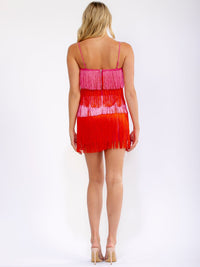WOMEN'S SLEEVELESS CROP TOP & ZIP UP MINI SKIRT FRINGE COLORBLOCK 2PC. SET