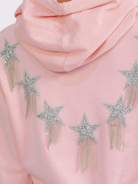 WOMEN'S LONG SLEEVE STARS DETAILED HOODED PULLOVER SWEATER