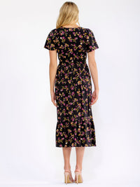WOMEN'S SHORT SLEEVE BUTTON UP FRONT POCKETS FLORAL MIDI DRESS