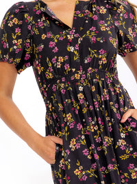 WOMEN'S SHORT SLEEVE BUTTON UP FRONT POCKETS FLORAL MIDI DRESS