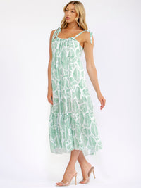 WOMEN'S SLEEVELESS ADJUSTABLE STRAPS LEAF PRINT SWISS MAXI DRESS