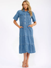 WOMEN'S SHORT SLEEVE BUTTON UP POCKETS TIERED DENIM MIDI DRESS