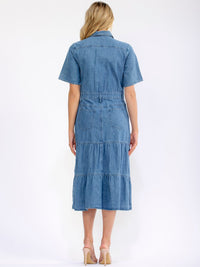 WOMEN'S SHORT SLEEVE BUTTON UP POCKETS TIERED DENIM MIDI DRESS