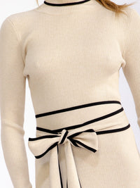 WOMEN'S LONG SLEEVE TURTLE NECK SELF TIE RIBBED MIDI DRESS