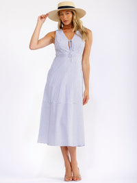 WOMEN'S SLEEVELESS V-NECK FRONT POCKETS STRIPES MIDI DRESS