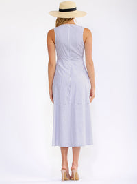 WOMEN'S SLEEVELESS V-NECK FRONT POCKETS STRIPES MIDI DRESS