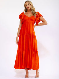 WOMEN'S SHORT SLEEVE V-NECK OPEN BACK TIERED MAXI DRESS
